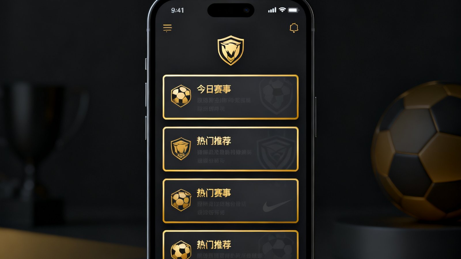 MK体育App 5.0版本发布，手机屏幕展示全新界面设计，深色模式下金色图标和赛事卡片布局清晰美观