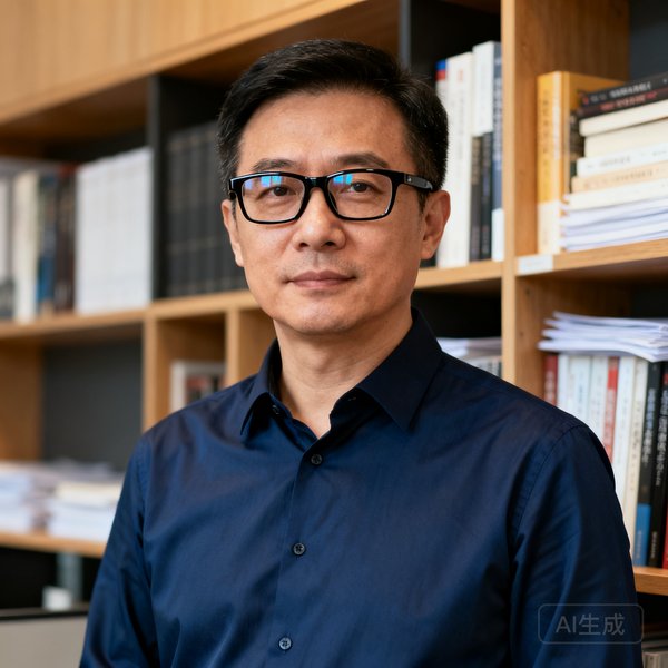 创始人陈明远肖像照，四十岁男性，戴黑框眼镜，身穿深蓝色衬衫，背景为办公室书架，神情专注而坚定