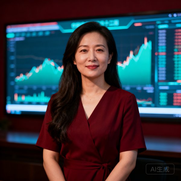 首席数据科学家周婷肖像照，三十三岁女性，长发披肩，身穿深红色连衣裙，背景为数据可视化大屏